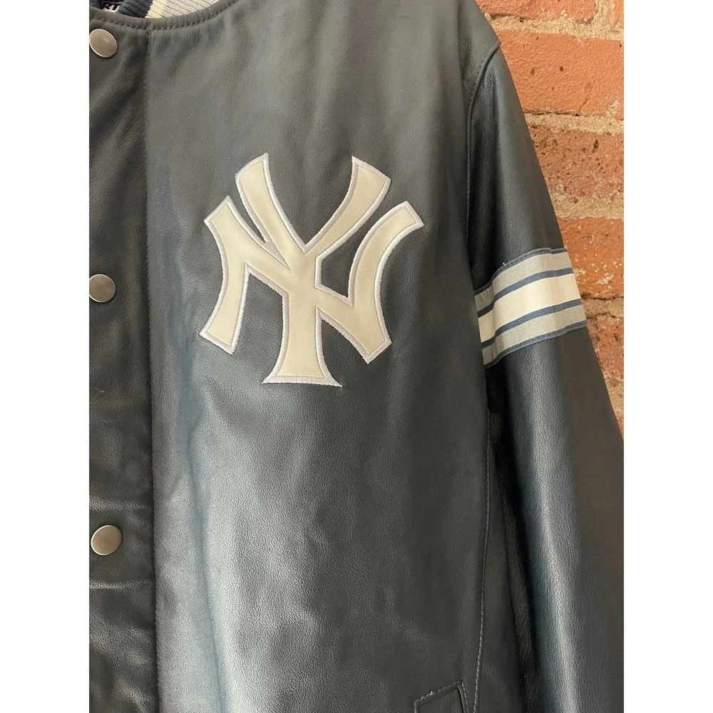 Vintage STARTER‎ New York Yankees Logo Genuine Leather Bomber Jacket Mens Large